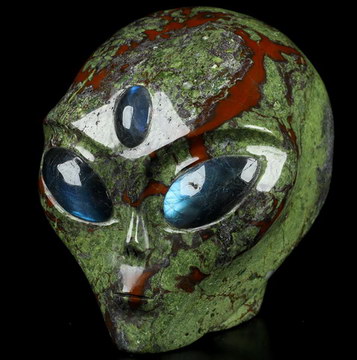 4.1" Dragon Blood Jasper Crystal Skull Companion with Labradorite Eyes， Star Being Female Alien Reiki Healing Stone Statue