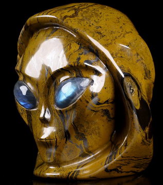 5.5" Tiger Iron Eye Carved The Visitor Crystal Skull Alien Sculpture, Crystal Healing