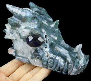 5.0" Green Moss Agate Carved Crystal Dragon Head Skull & Labradorite Eyes, Crystal Healing
