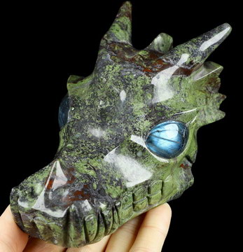 5.1" Dragon Blood Jasper Carved Crystal Dragon Skull & Labradorite Eyes, Crystal Healing