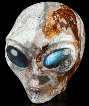 4.1" Crazy Lace Agate Crystal Skull Companion with Labradorite Eyes， Star Being Female Alien Reiki Healing Stone Statue