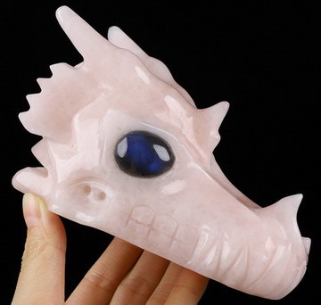 5.1" Rose Quartz Carved Crystal Dragon Skull with Labradorite Eyes, Crystal Healing