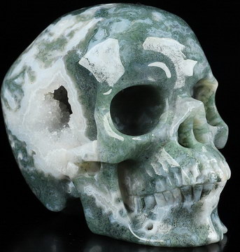 5.1" Green Moss Agate Geode Carved Crystal Skull,Super Realistic, Crystal Healing