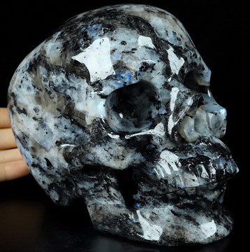 Lifesized Gemstone 6.7" Black Tourmaline and Moonstone Carved Crystal Skull,Super Realistic, Crystal Healing