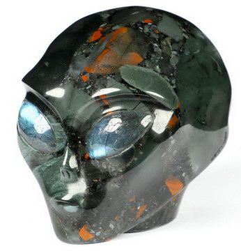 4.2" African Bloodstone CarvedCrystal Skull Companion with Labradorite Eyes， Star Being Female Alien Reiki Healing Stone Statue
