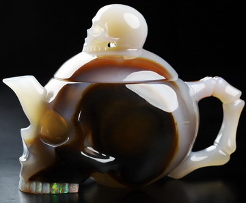 4.9" Premium Brazilian Agate Carved Crystal Skull Pot and Opal Teeth, Realistic