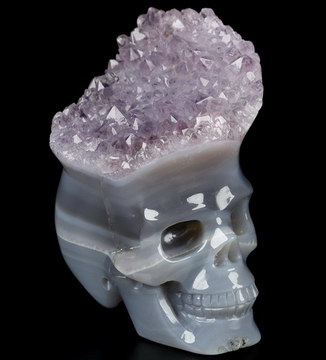 2.8" Agate Amethyst Druse Hand Carved Crystal Skull Fine Art Sculpture, Crystal Healing