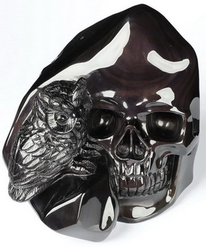 5.2" Rainbow Obsidian Hand Carved Crystal Skull and Owl Fine Art Sculpture, Crystal Healing