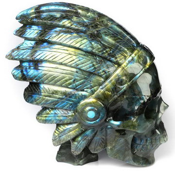 6.1" Labradorite Hand Carved Crystal Indian Skull Fine Art Sculpture, Crystal Healing