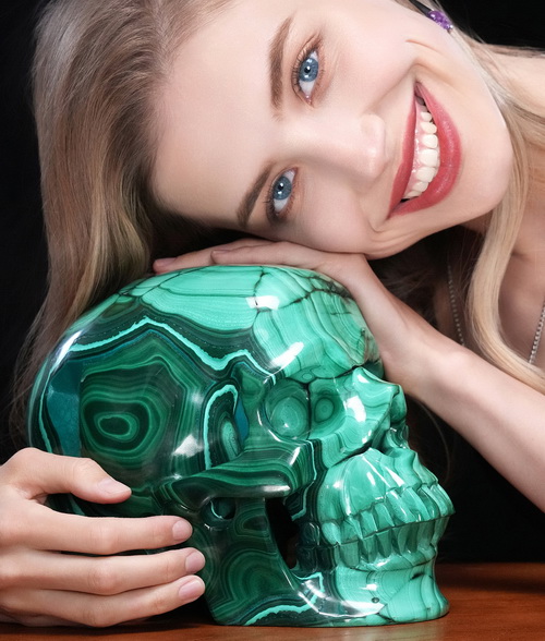 Amazing Lifesized 8.7" Malachite Hand Carved Crystal Skull, Super Realistic, Crystal Healing