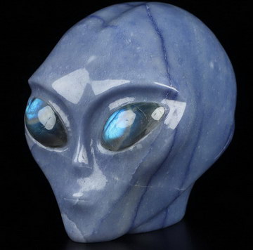 4.1" Blue Aventurine Star Being Female Alien Crystal Skull Companion With Labradorite Eyes, Hand Carved Gemstone Fine Art Sculpture, Reiki Healing Stone Statue