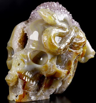 6.9" Agate Amethyst Druse Hand Carved Crystal Skull and Snake Fine Art Sculpture, Crystal Healing