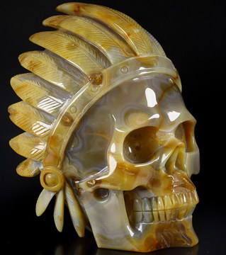 6.7" Carnelian Geode Hand Carved Crystal Indian Skull Fine Art Sculpture, Crystal Healing