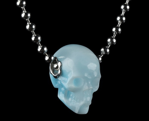 Gemstone Necklace of 0.7" Larimar Hand Carved Crystal Skull Pendant, Skull Jewelry
