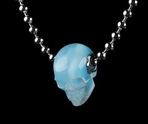Gemstone Necklace of 0.7" Larimar Hand Carved Crystal Skull Pendant, Skull Jewelry