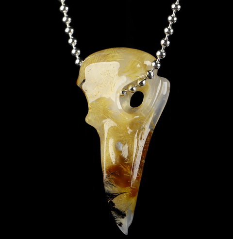 Necklace of 2.3" Sagenitic Agate Hand Carved Crystal Skull Pendant, Skull Jewelry
