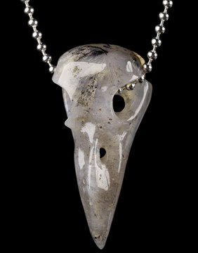 Necklace of 2.3" Sagenitic Agate Hand Carved Crystal Skull Pendant, Skull Jewelry