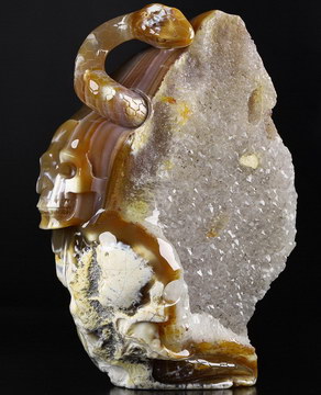 8.3" Agate Geode Hand Carved Crystal Skull and Snake Fine Art Sculpture, Crystal Healing