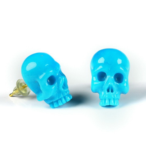 Gemstone  Turquoise Hand Carved Crystal Skull Earrings, Skull Jewelry