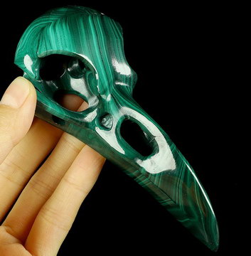 Gemstone 4.7" Malachite Hand Carved Raven Crystal Skull  Sculpture, Crystal Healing