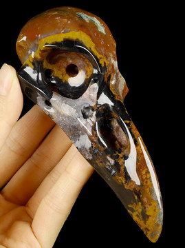 4.7" Black Zebra Agate Hand Carved Raven Crystal Skull  Sculpture, Crystal Healing