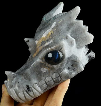 5.0" Labradorite Hand Carved Crystal Dragon Skull with Labradorite Eyes Sculpture, Crystal Healing