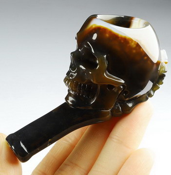 3.1" Premium Brazilian Agate Hand Carved Crystal Skull Pipe, Crystal Healing