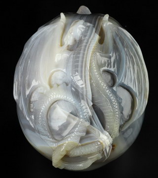 5.0" Premium Brazilian Agate Hand Carved Crystal Skull and Dragon Fine Art Sculpture, Crystal Healing