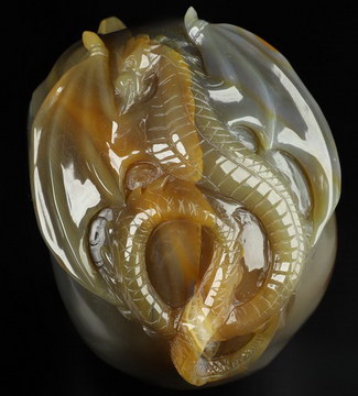 5.0" Premium Brazilian Agate Hand Carved Crystal Skull and Dragon Fine Art Sculpture, Crystal Healing