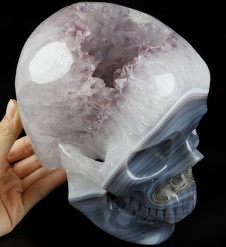 Super Realistic! Lifesized 7.0" Agate Amethyst Geode Hand Carved Crystal Skull, Crystal Healing