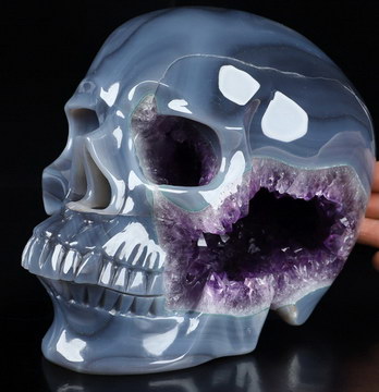 Amazing Lifesized 7.5" Agate Amethyst Geode Hand Carved Crystal Skull, Super Realistic, Crystal Healing