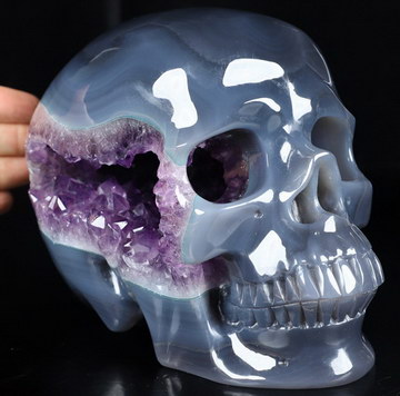 Amazing 6.7" Agate Amethyst Geode Hand Carved Crystal Skull, Super Realistic, Crystal Healing