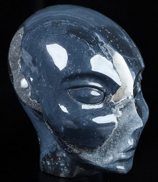 4.1" Black Zebra Agate Hand Carved Fairy Elf Alien Crystal Skull Companion Sculpture, Crystal Healing