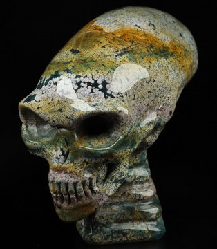 3.7" Bloodstone Hand Carved Crystal Elongated Mayan Alien Skull with Spine Sculpture, Crystal Healing