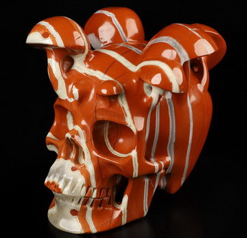5.3" Red Jasper Hand Carved Crystal Mushroom Skull Sculpture, Crystal Healing