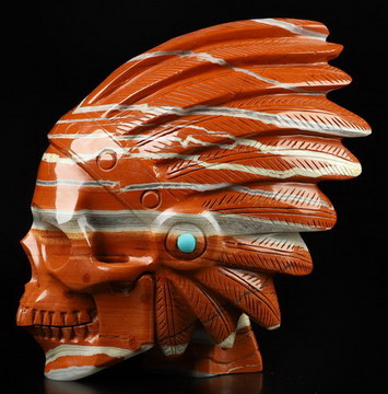 5.9" Red Jasper Hand Carved Crystal Indian Skull Sculpture, Crystal Healing