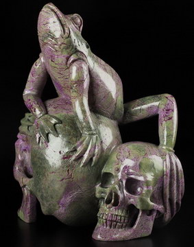 Gemstone 6.5" Stichtite and Serpentine Hand Carved Crystal Skull and Frog Fine Art Sculpture, Crystal Healing