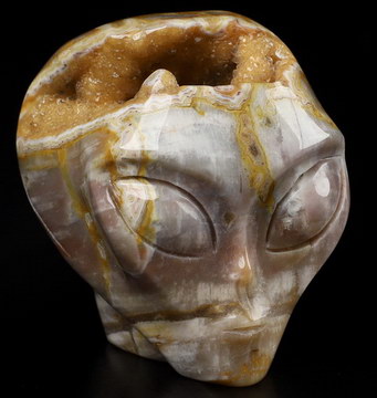 2.0" Petrified Wood Geode Star Being Female Alien Crystal Skull Companion, Hand Carved Gemstone Fine Art Sculpture, Reiki Healing Stone Statue