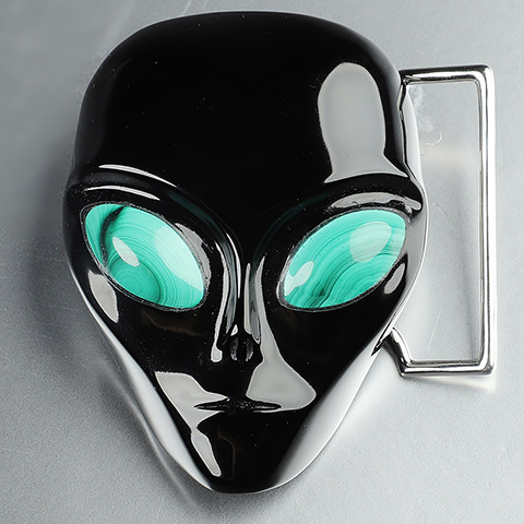 Black Obsidian Hand Carved Crystal Alien Skull with Malachite Eyes Buckle, Skull Jewelry