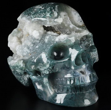 3.5" Green Moss Agate Geode Hand Carved Crystal Skull, Realistic, Crystal Healing