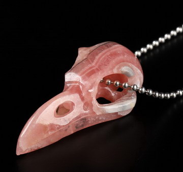1.7" Rhodochrosite Hand Carved Raven Crystal Skull Pendant Sculpture, Crystal Healing
