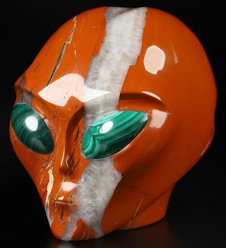4.1" Red Jasper Star Being Female Alien Crystal Skull Companion With Malachite Eyes, Hand Carved Gemstone Fine Art Sculpture, Reiki Healing Stone Statue