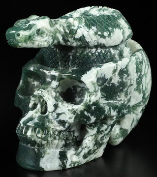 3.7" Green Moss Agate Hand Carved Crystal Skull Fine Art Sculpture, Crystal Healing