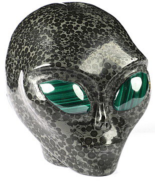 4.1" Chinese Leopard Skin Jasper Star Being Female Alien Crystal Skull Companion With Malachite Eyes, Hand Carved Gemstone Fine Art Sculpture, Reiki Healing Stone Statue