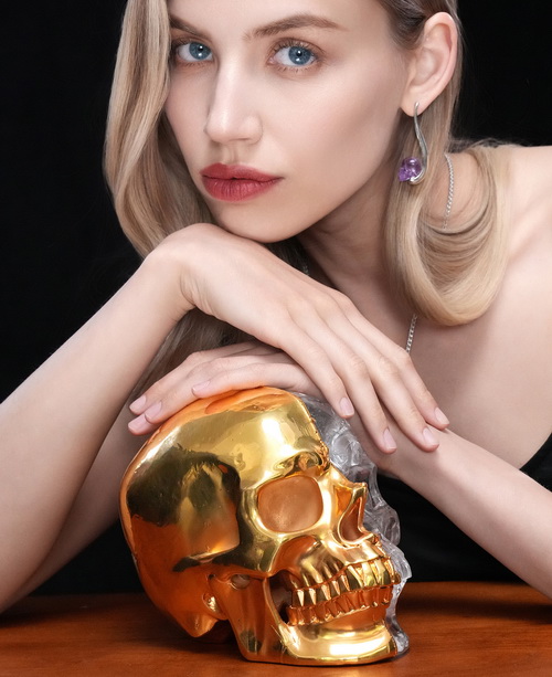 Lifesized 7.4" Gold-Plated & Quartz Rock Crystal Hand Carved Crystal Skull, Super Realistc, Crystal Healing