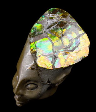 1.0" Ammolite Hand Carved Fairy Elf Alien Crystal Skull Companion Sculpture, Crystal Healing