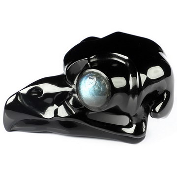 3.1" Black Obsidian Hand Carved Crystal Owl Skull with Labradorite Eyes, Crystal Healing