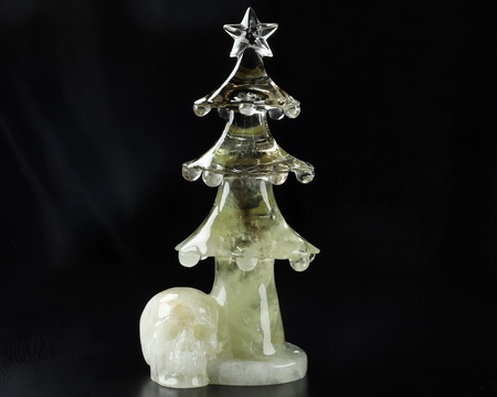 9.4" Smoky Quartz Rock Crystal Carved Crystal Skull & Christmas Tree, Crystal Healing