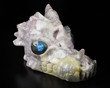 5.0" Sakura Agate Geode Hand Carved Crystal Dragon Skull with Labradorite Eyes Sculpture, Crystal Healing