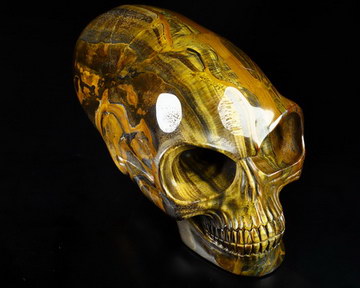 Awesome Flash Gemstone Titan 11.8" Gold Tiger Iron Eye Carved Elongated Mayan Alien Crystal Skull